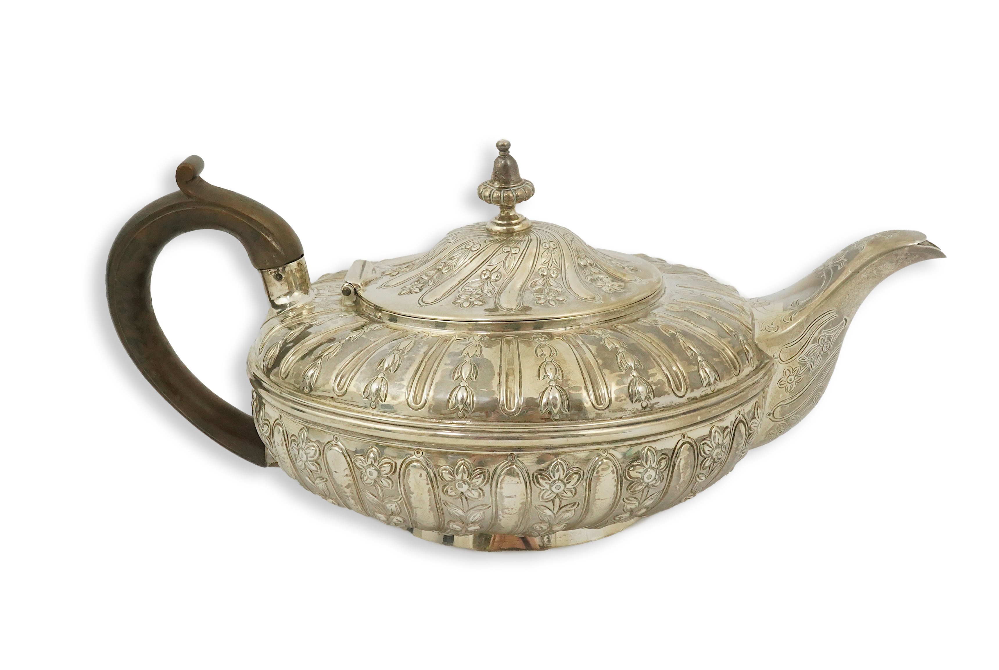 A William IV embossed silver teapot, by Joseph & John Angell